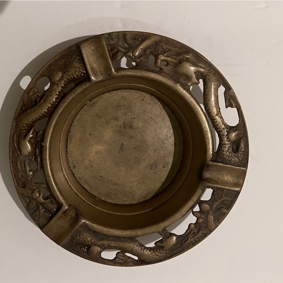 Vintage Dragon Motiff Brass Ashtray Asian 5”